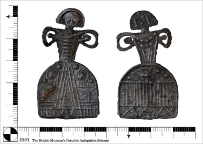 Images, front and back, of the original early modern doll found in Leicestershire. Image from the Portable Antiquities Scheme database (LEIC-6FE3D3 ) and used under a CC BY attribution license.