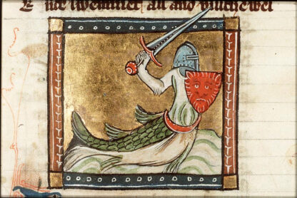 Armored merman with helmet, sword and shield with a catlike face on it. From a MS of Jacob van Maerlant's poem "Der Naturen Bloeme", c. 1350, Wikimedia file Zitiron.jpg, Public domain